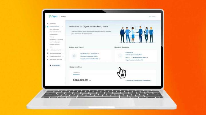 A laptop displays the Cigna for Brokers website