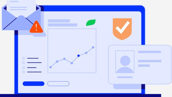 A laptop displays reports, mail, and a personal profile