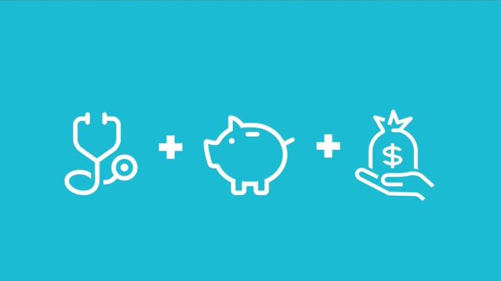 stethoscope, piggy bank, and bag of money