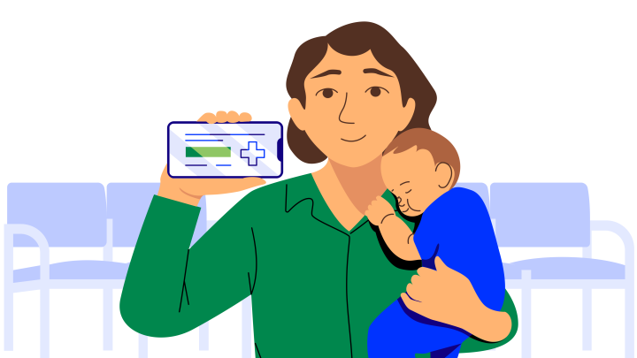 Man holds baby in one hand and phone displaying ID card in another