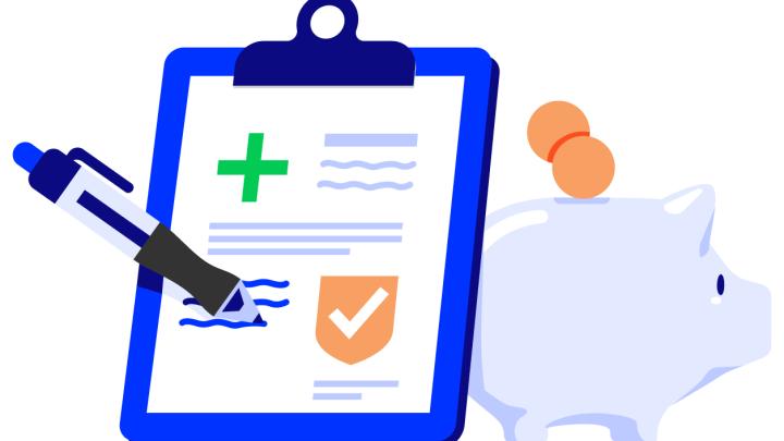 A pen writes on a form on a clipboard. A piggy bank appears in the background.
