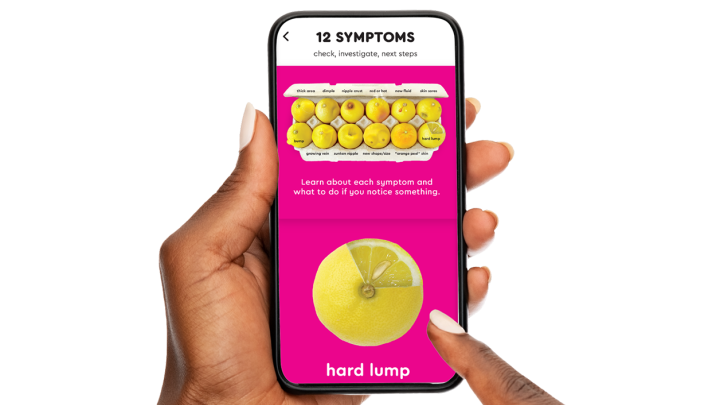 12 symptoms of breast cancer, illustrated on the Known Your Lemons app
