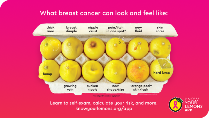 What breast cancer can look and feel like, illustrated using lemons: thick area, breast dimple, nipple crust, pain and itch in one spot, new fluid, skin sores, bump, growing vein, sunken nipple, new shape or size, orange peel skin rash, hard lump. Learn how to self exam, calculate your risk and more on knowyourlemons.org/app