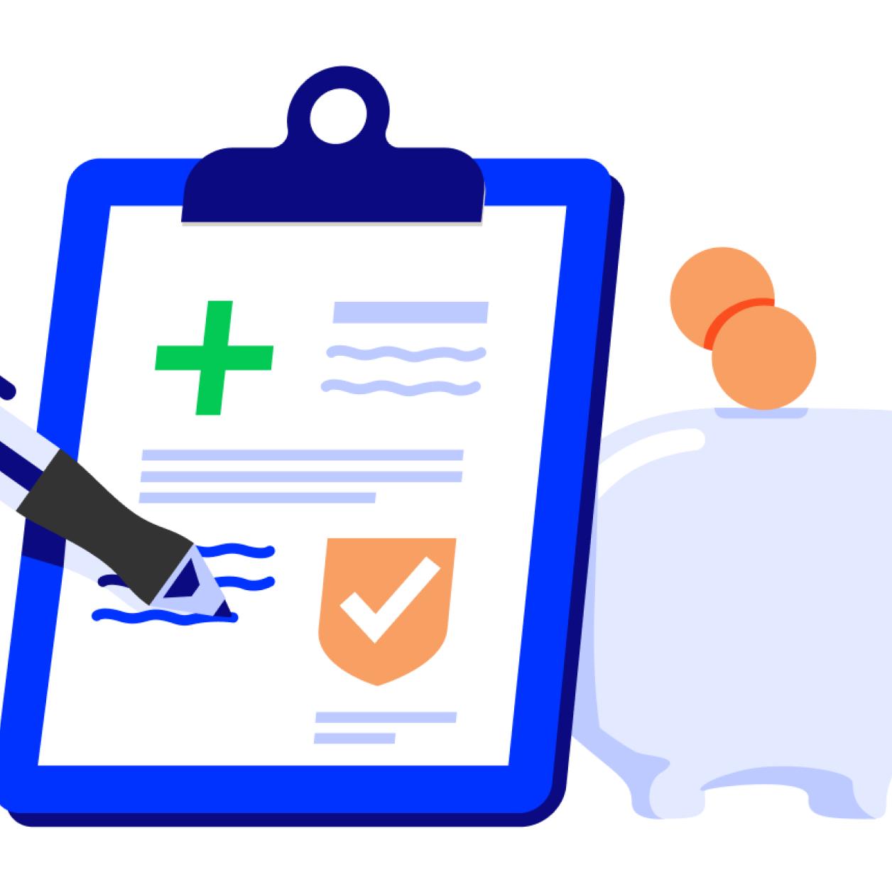 A pen writes on a form on a clipboard. A piggy bank appears in the background.