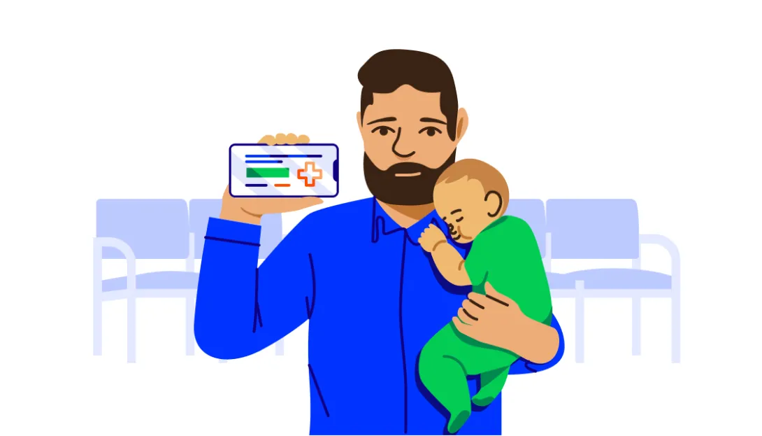 a man holds a baby and a mobile phone that displays his insurance ID